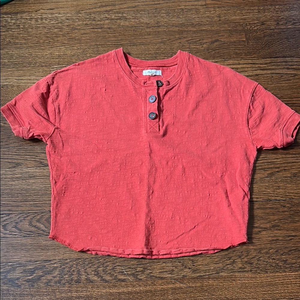 Madewell burnt orange raw hem short-sleeve cropped Henley